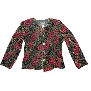 Vintage R&K Evenings Blazer Jacket Black Red Floral Button Down Size 14 Missy